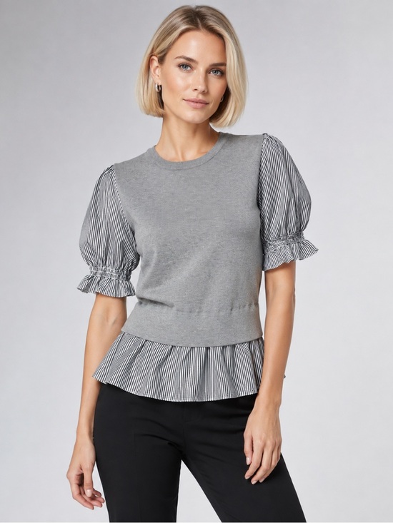 Nanette Lepore Tops - Nanette Lepore Mixed Media Twofer Sweater Puff Sleeve Peplum Top Gray Striped M